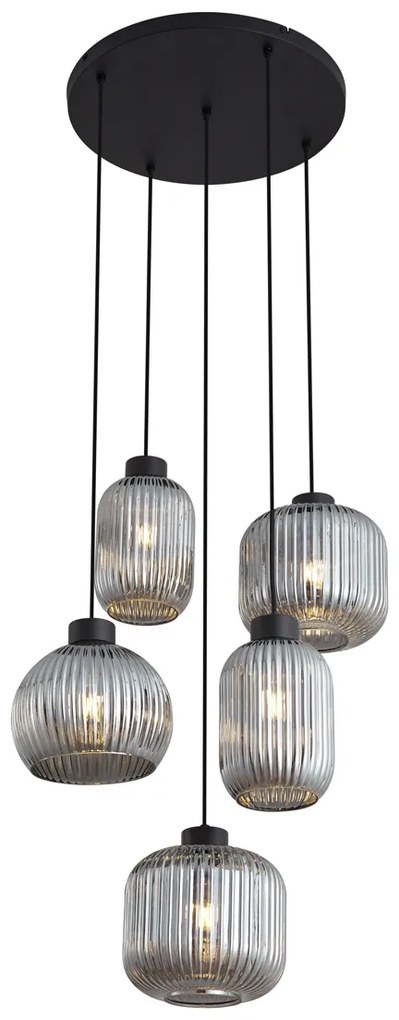 Candeeiro suspenso de design preto com vidro fumado 5-luzes - Ana Design
