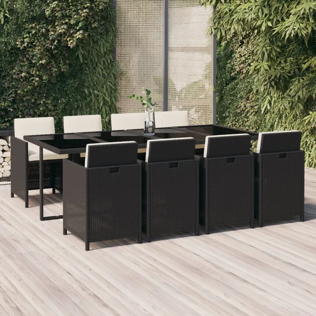 vidaXL 9 pcs conjunto de jantar p/ jardim c/ almofadões vime PE preto