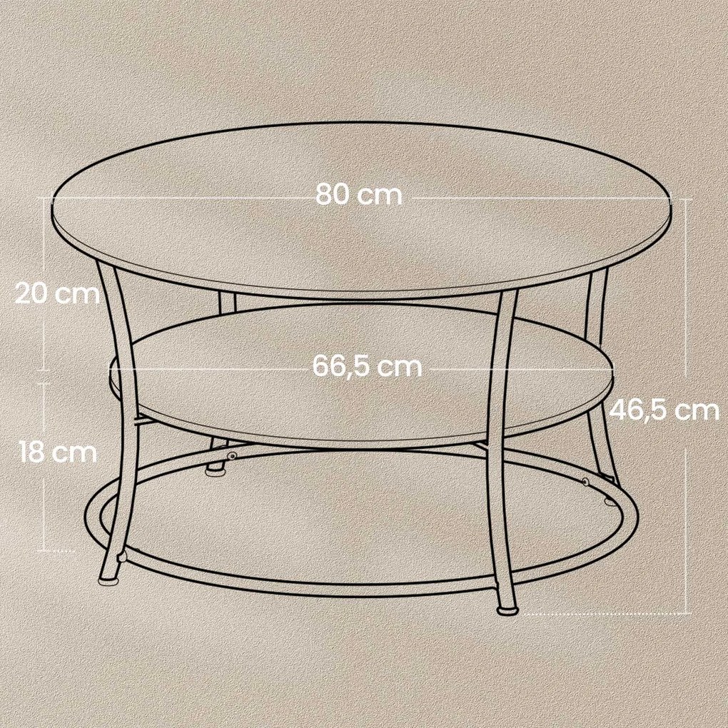 Mesa de centro redonda com prateleira, design industrial cinza concreto-preto