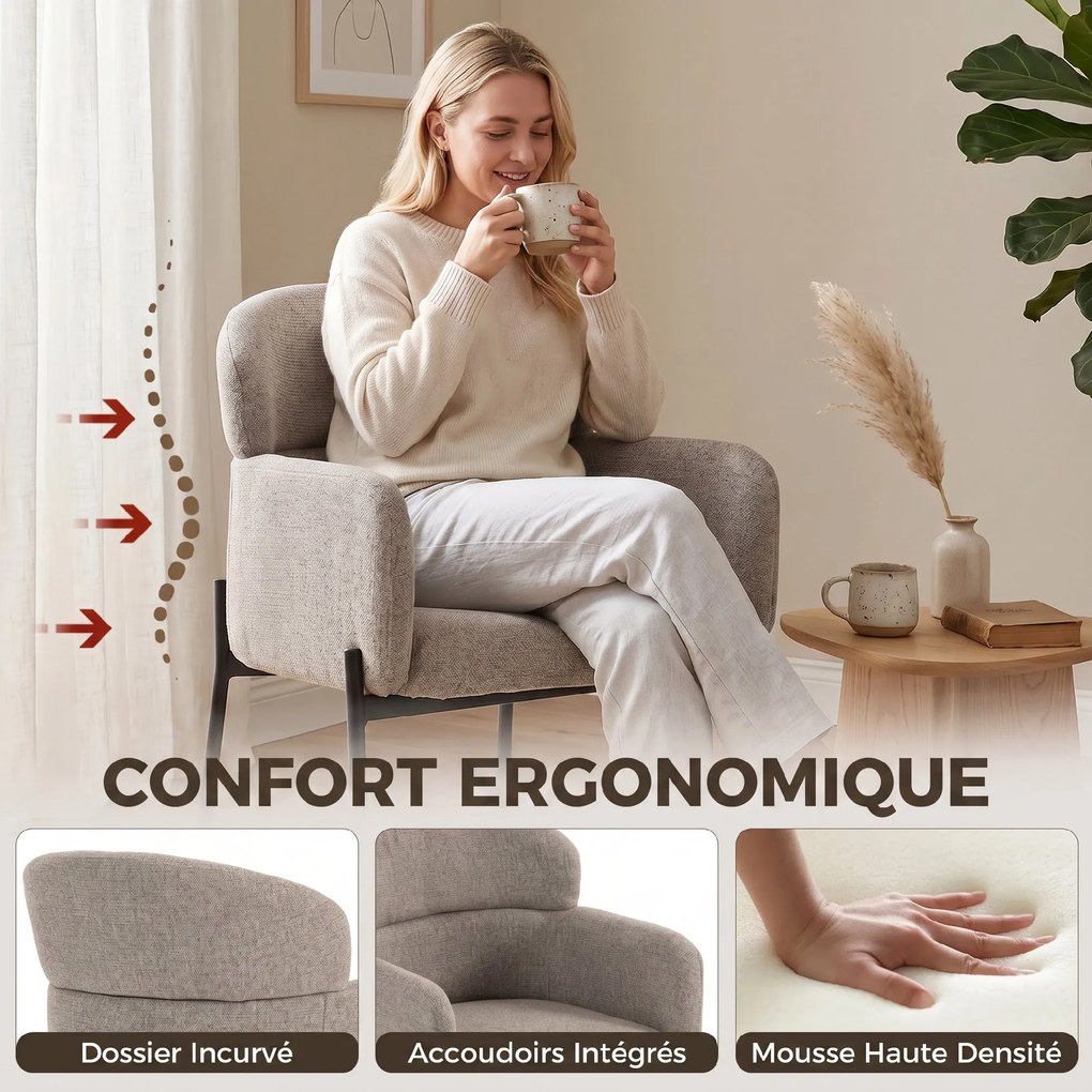 Poltrona de sala, poltrona auxiliar estofada em chenille com encosto curvo e braços, pés em metal, castanho claro