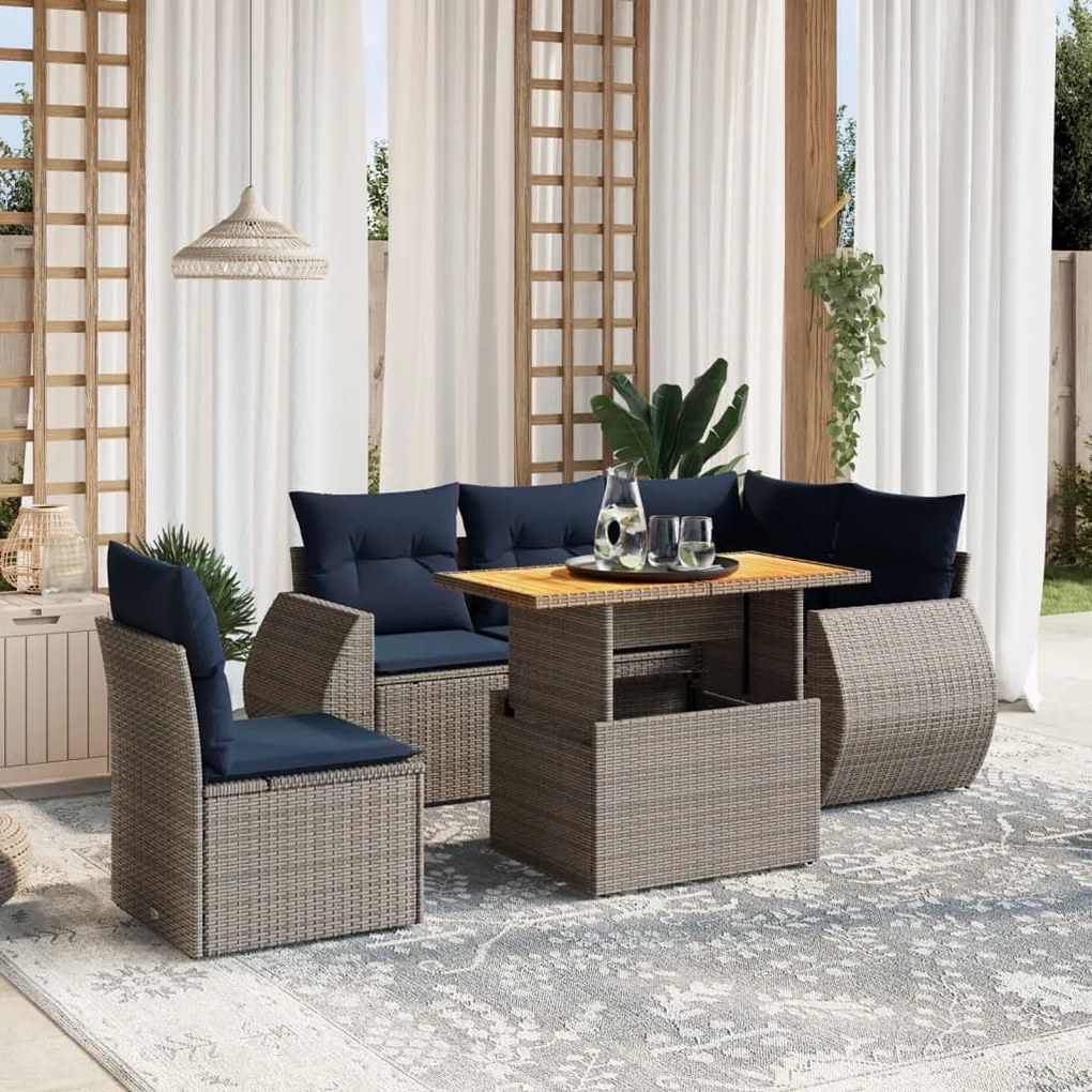 vidaXL 6 pcs conjunto sofás p/ jardim c/ almofadões vime PE cinzento