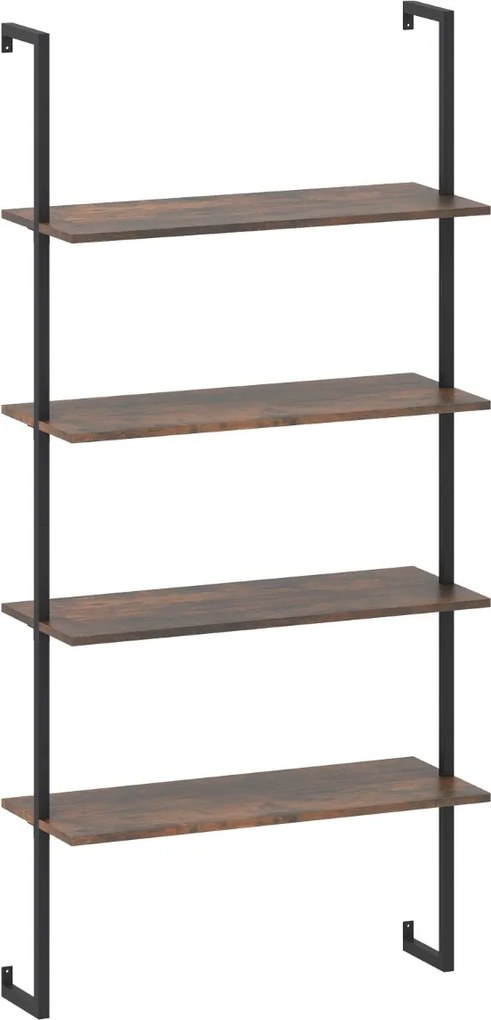 Estante flutuante de parede 76 x 30 x 163 cm com 4 níveis, estrutura metálica e escada de madeira, estilo industrial moderno, cor café
