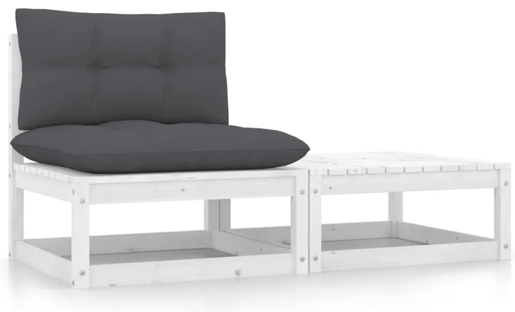 2 pcs conj. lounge de jardim c/ almofadões pinho maciço branco