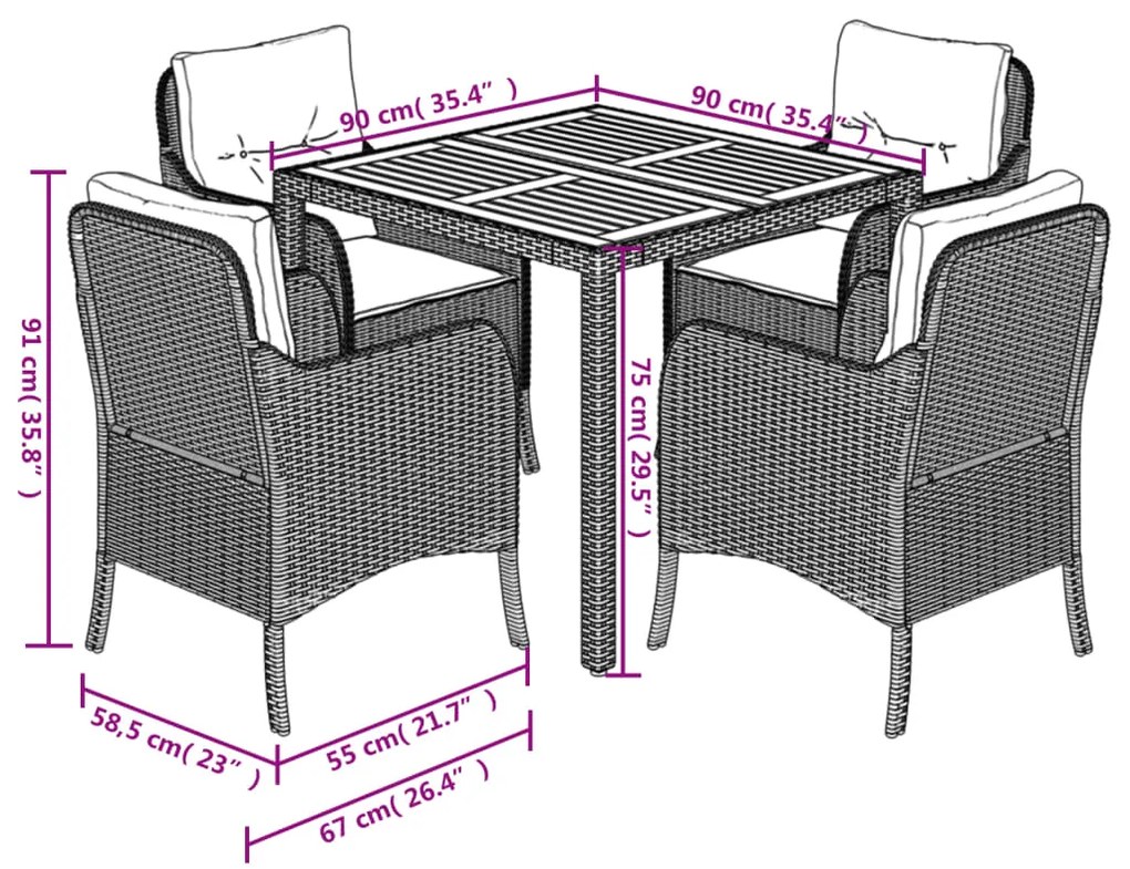 5 pcs conjunto de jantar p/ jardim c/ almofadões vime PE cinza