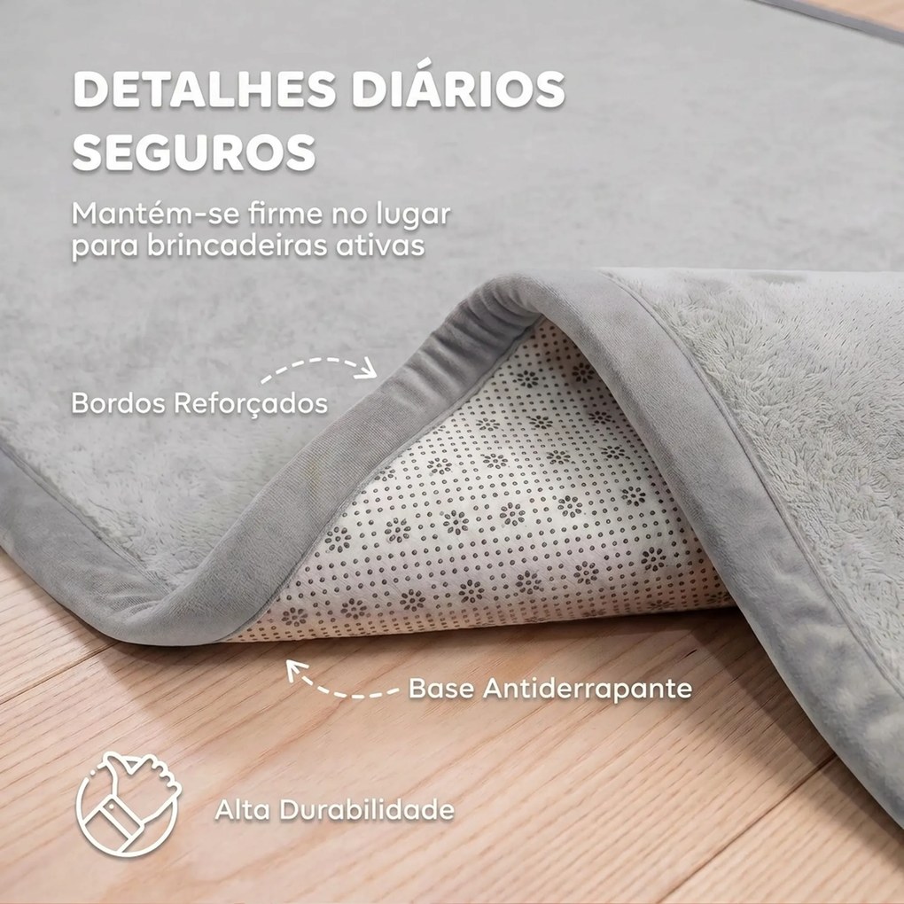 Tapete Infantil 127x127 cm Espuma 3 cm (PARQUE NÃO INCLUIDO) Flanela Suave Antiderrapante Resistente à Água Cinza Claro