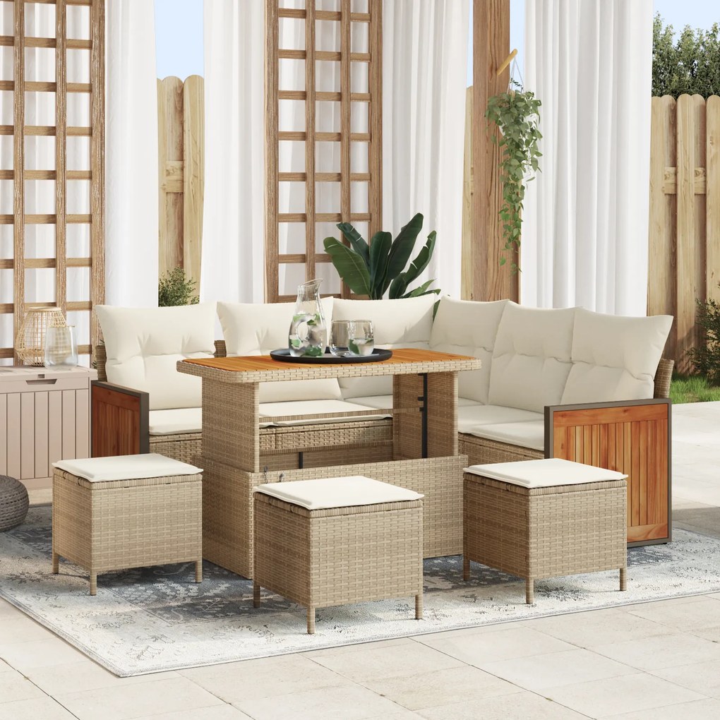 Conjunto de Sofá de Jardim de 9 Peças com Almofadas Bege Rattan de Acácia