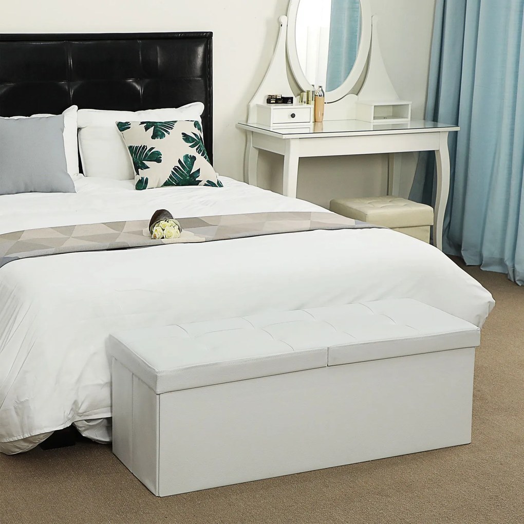 Banco arrumação ou entrada 110 x 38 x 38 cm em imitação de pele, tampa com dobradiças branco