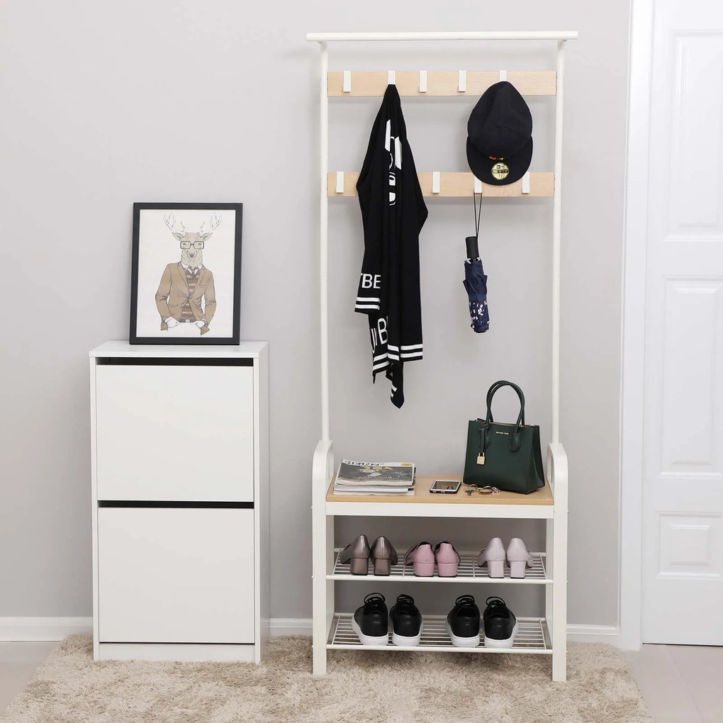 Cabide Bengaleiro entrada Hall com banco e sapateira 33,7 x 72 x 183 cm Branco e Natural