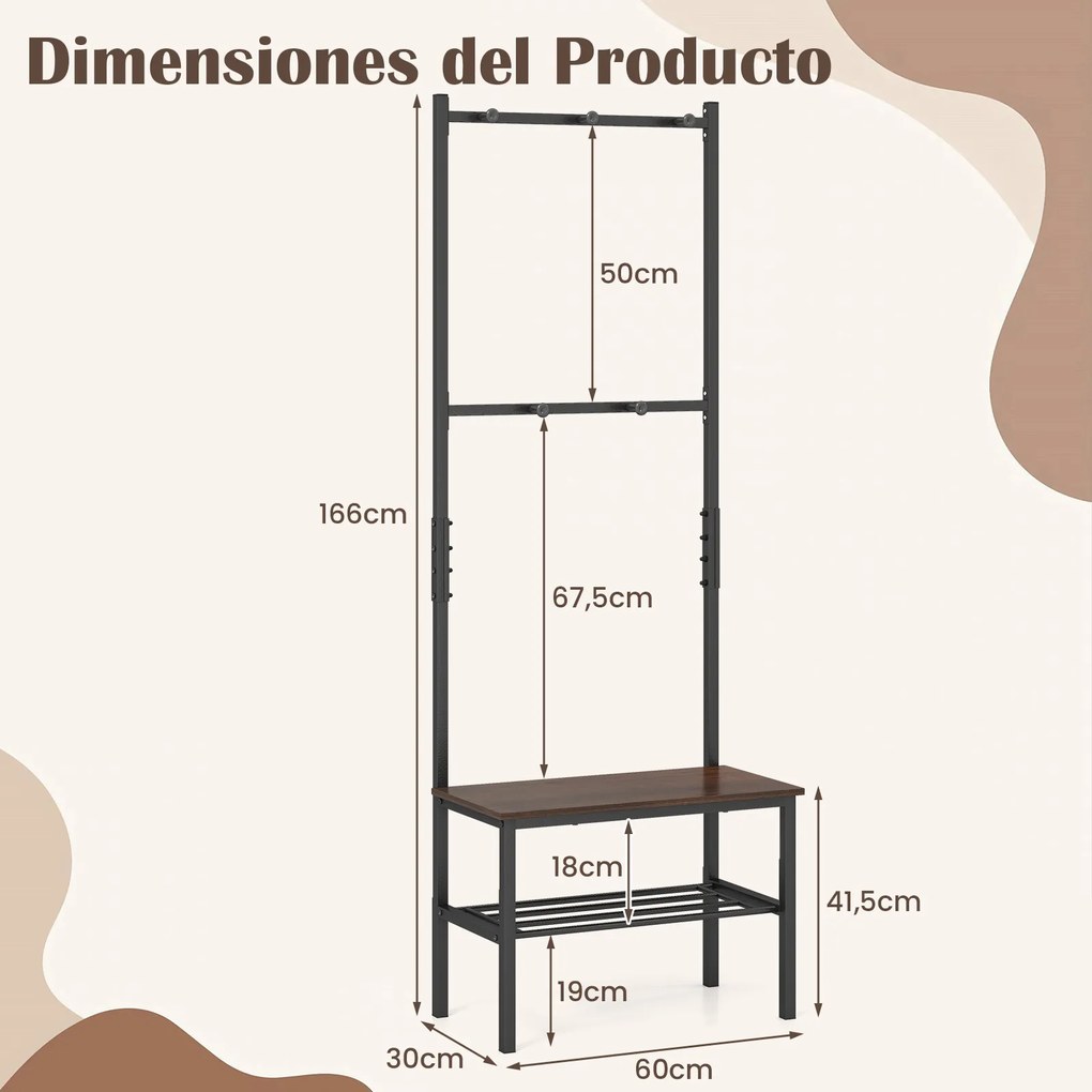Cabideiro de Entrada com Banco e Sapateira, 60 x 30 x 166 cm, 5 Ganchos, Castanho+Preto