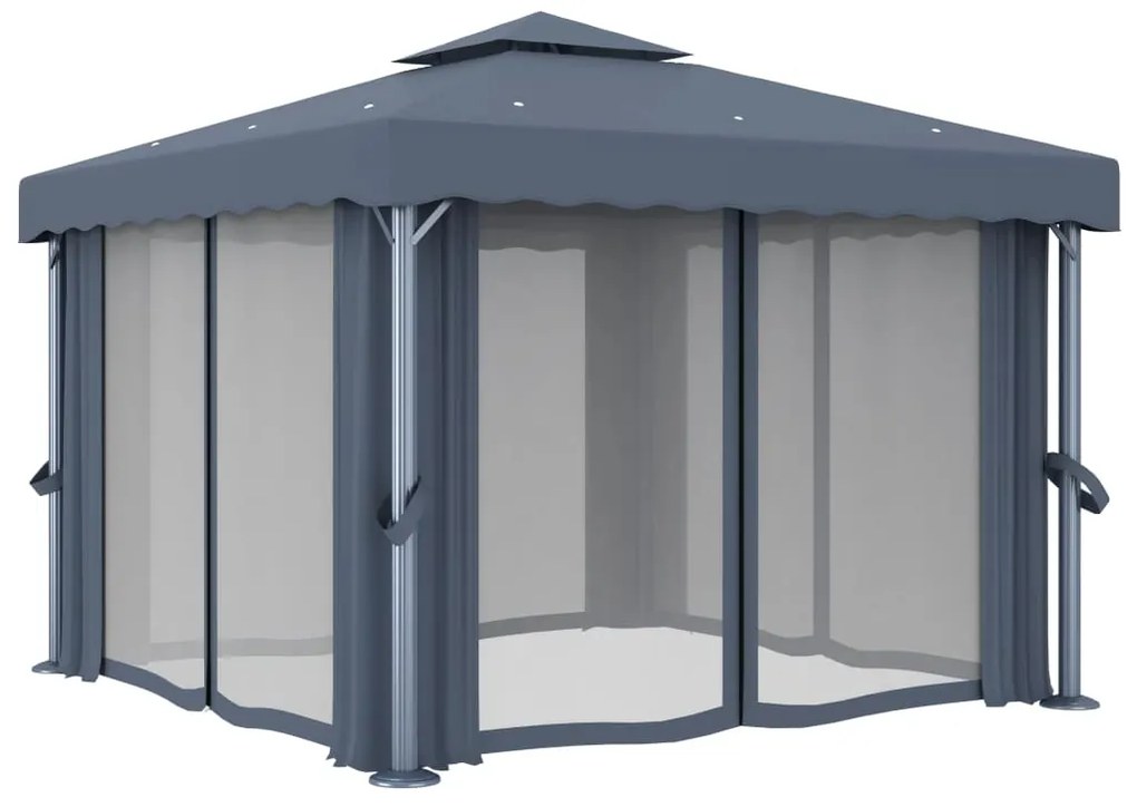 Gazebo com cortinas e cordões de luzes LED 3x3 m antracite