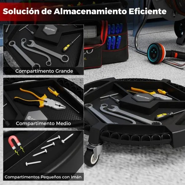 Carrinho para ferramentas redondo Oficina 49,5 x 11 cm com 3 rodas giratórias e 4 compartimentos Preto