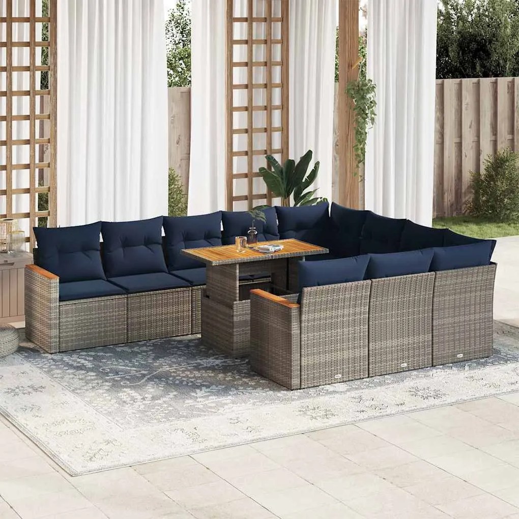11 pcs conjunto sofás de jardim c/ almofadões vime PE cinzento
