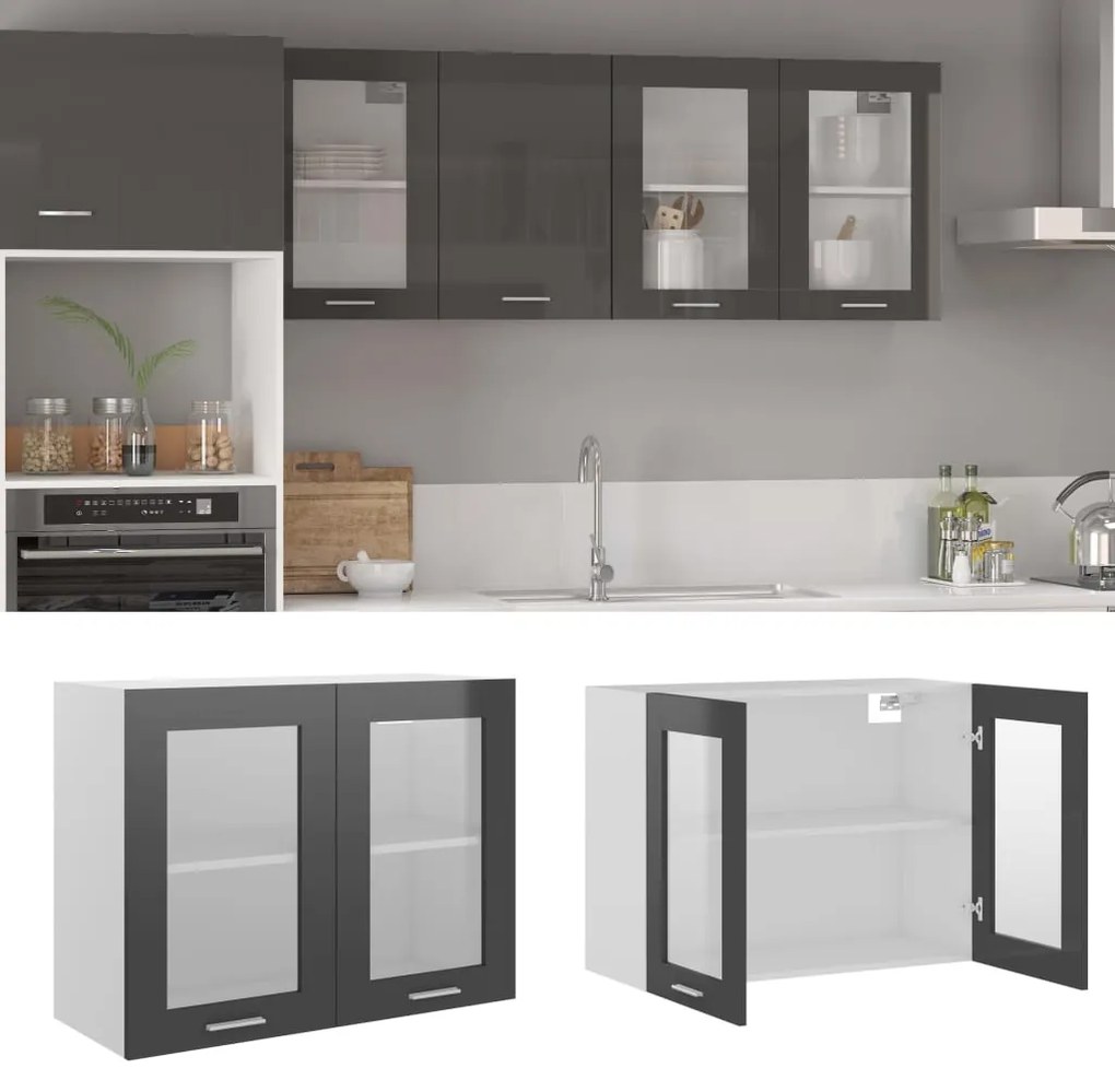802536 vidaXL Armário de parede c/ vidro 80x31x60 cm contraplacado cinza