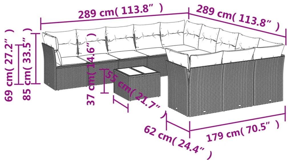 12 pcs conjunto de sofás jardim com almofadões vime PE castanho