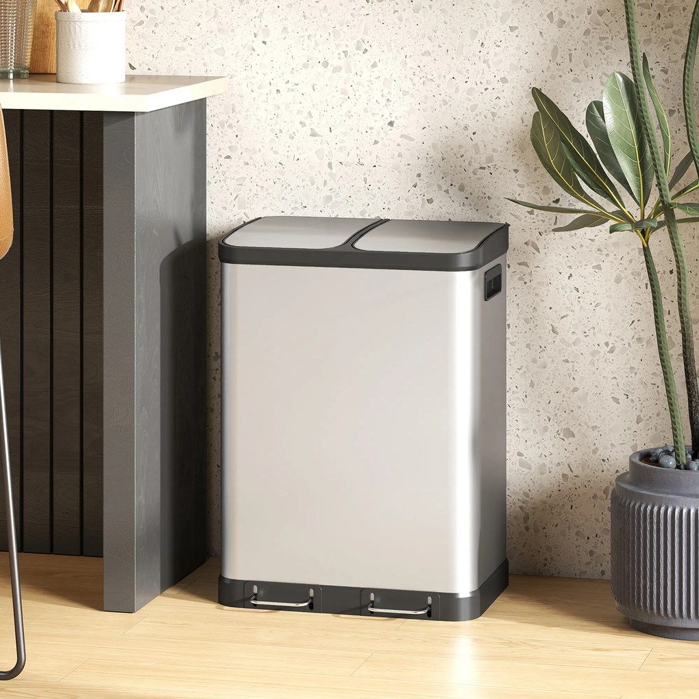 Caixote do lixo de cozinha 48,8 L x 39,5 l x 67 A cm com dois compartimentos de 2 x 30 L, com pedal em aço inoxidável e tampa com fecho suave, pratead