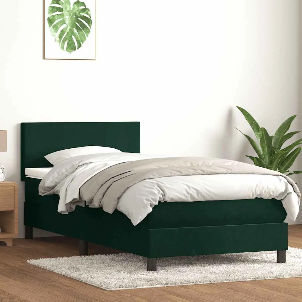 vidaXL Cama box spring c/ colchão e LED verde-escuro 80x210 cm veludo