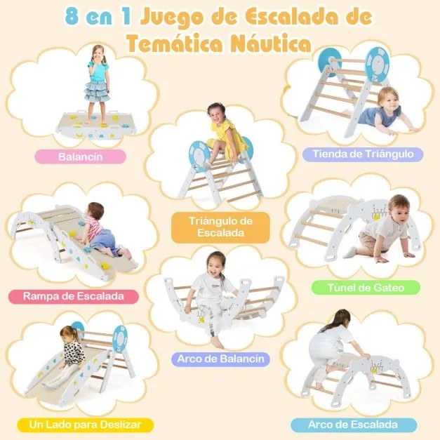 Conjunto triangular 8 em 1 de escalada para bebés com rampa, escada e arco de escalada Montessori de madeira branco