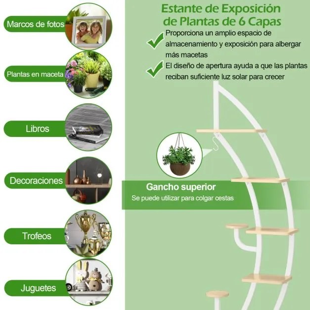 Conjunto de 2 Estantes Metálicas para Plantas 7 Níveis em Forma de Crescente Curvo com Gancho para Varanda 60x30x155 cm Brancas