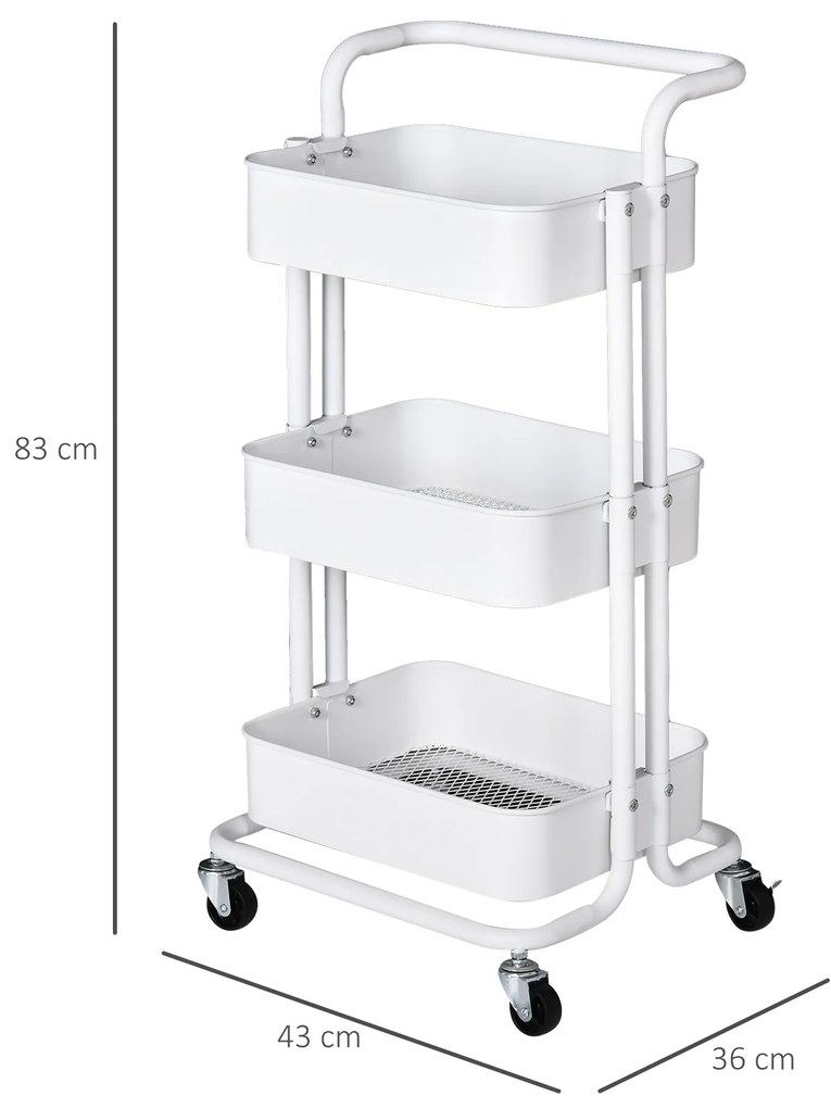 HOMCOM Carrinho Auxiliar de 3 Níveis com Rodas e 3 Prateleiras de Malha Metálica Carga de 20kg Branco 44x36x83cm