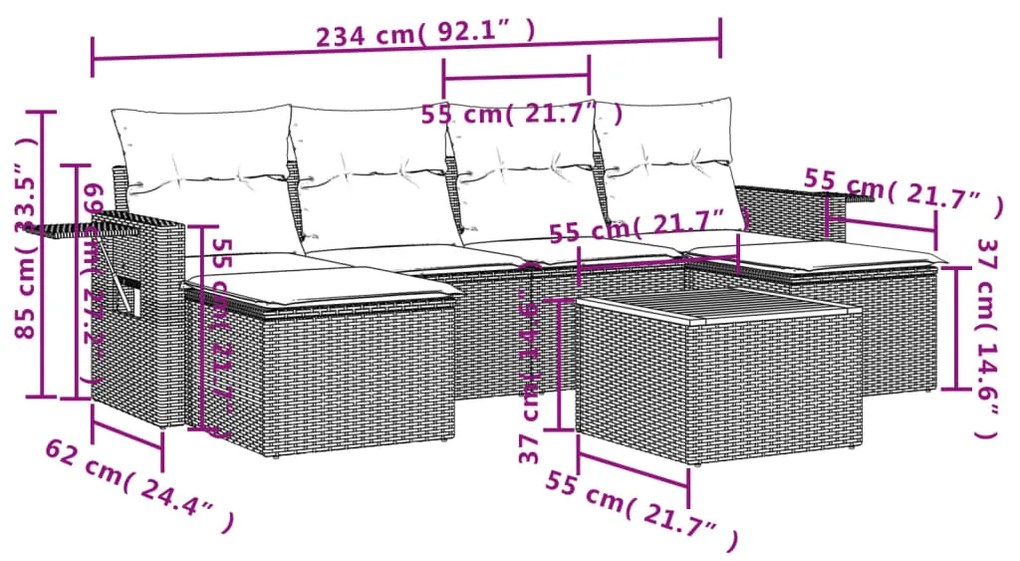 7 pcs conjunto sofás p/ jardim c/ almofadões vime PE cinzento