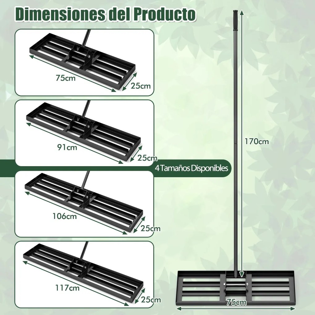 Ancinho nivelador de relva 75 x 25 cm com cabo ergonómico para solo de jardim, pátio, quinta - Preto