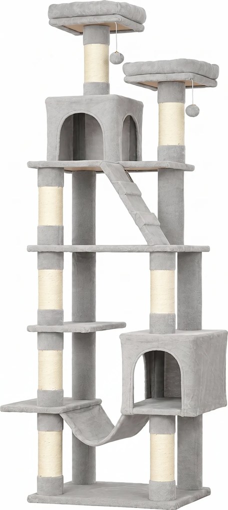 PawHut Arranhador para Gatos 204 cm Multinível com 2 Tocas, Rede, 2 Camas, Postes de Sisal e Escada, Cinzento-claro | Aosom Portugal