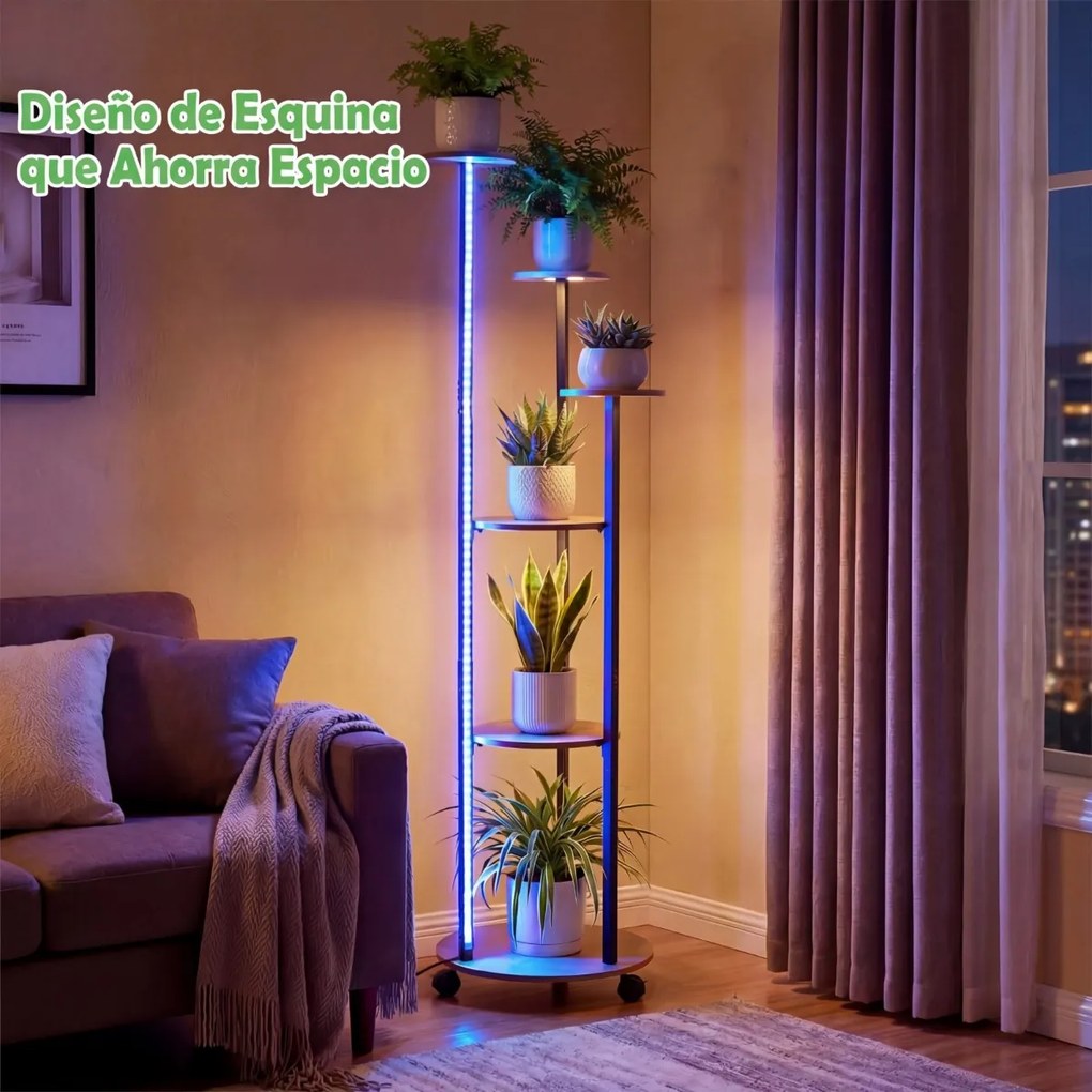Suporte para plantas de canto com 6 níveis 45 x 43 x 146,5 cm, rodas bloqueáveis, luzes LED com 16 cores, comando à distância, expositor com rodas, Ca