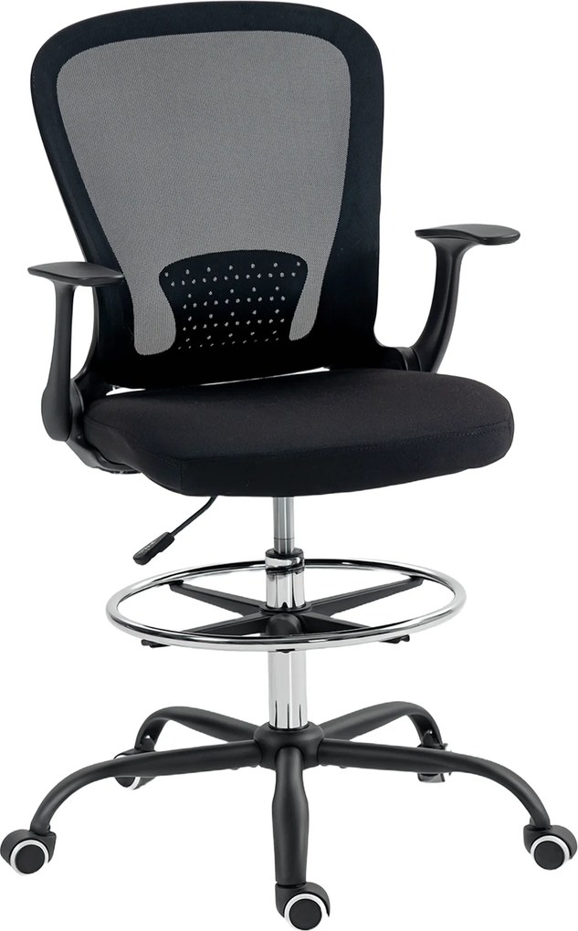 Cadeira de escritório 59 x 62 x 99-119 cm ergonómica com apoio para os pés ajustável e braços rebatíveis, altura regulável, preta