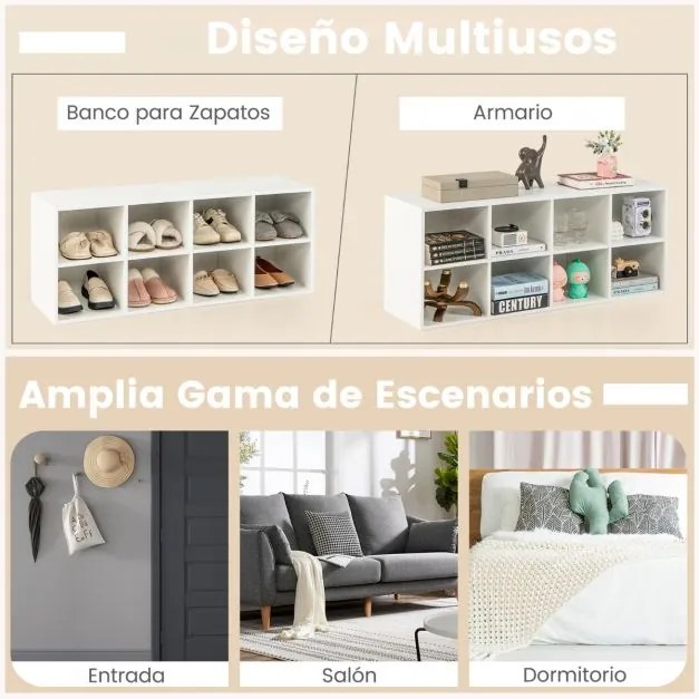 Banco sapateira com 8 cubos Armário de arrumação Estante de entrada Sala de estar Quarto Estante Carga 230 kg Branco