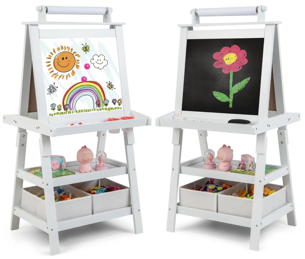 Cavalete infantil de dupla face 3 em 1 com 2 prateleiras 2 caixas e tabuleiro grande 59 x 50 x 117 cm Branco