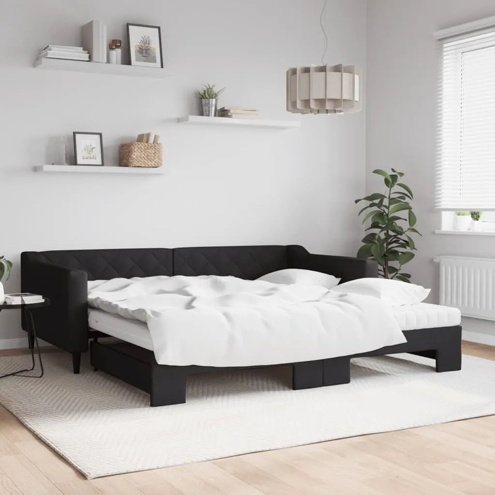 Sofá-cama com gavetão e colchões 100x200 cm tecido preto