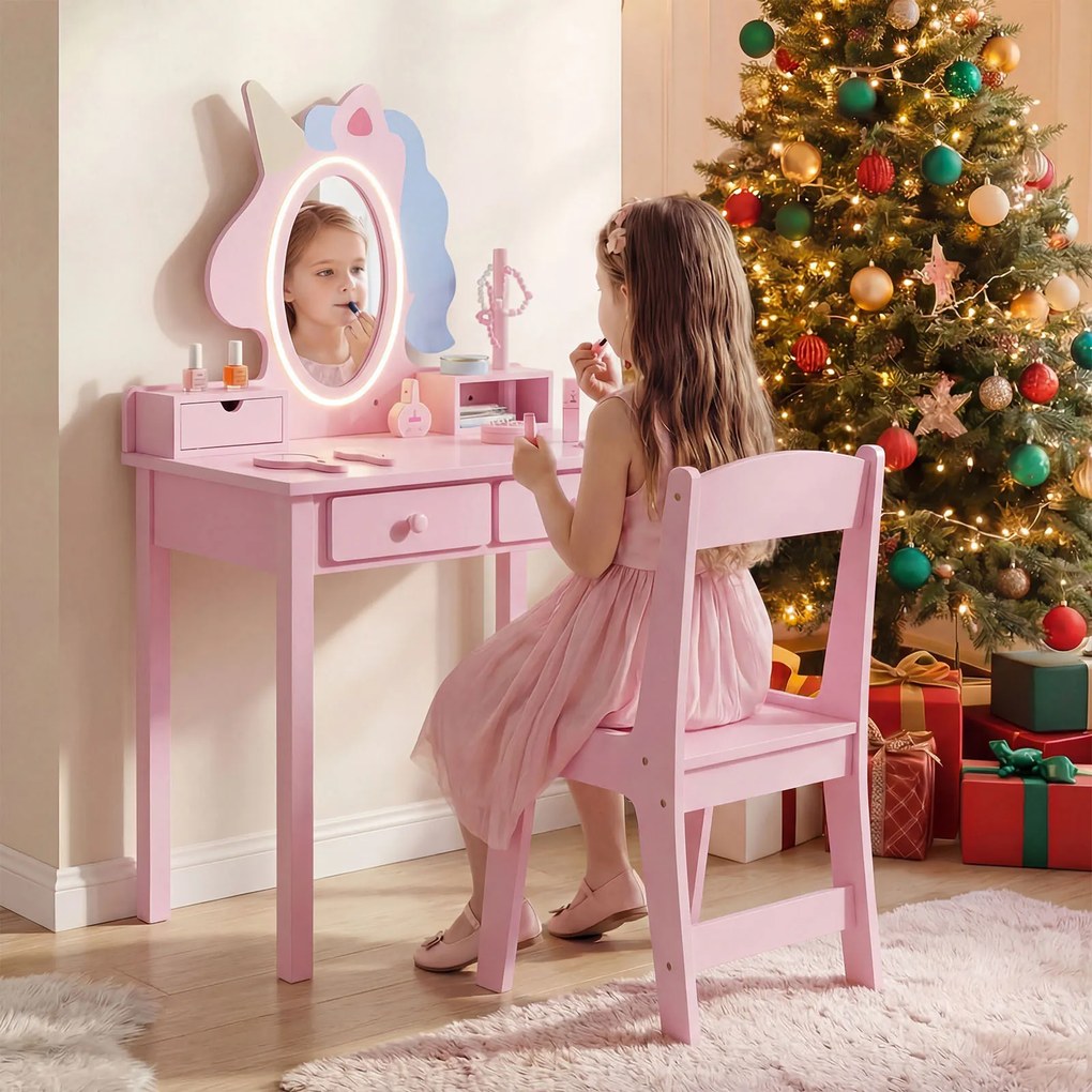 Conjunto de Toucador Infantil com Espelho de Unicórnio e Cadeira, 59 x 35 x 103 cm, Iluminação LED Ajustável, Rosa