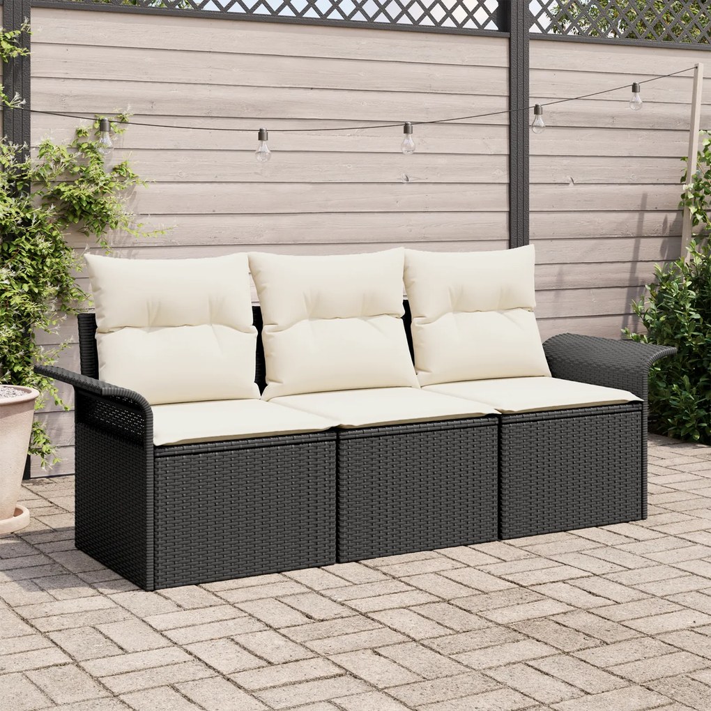 Conjunto de Sofá para Jardim com 3 Peças e Almofadas Preto Rattan Poliéster