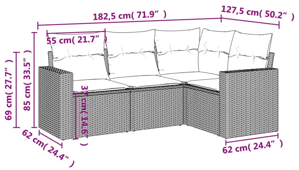 4 pcs conjunto de sofás para jardim c/ almofadões vime PE preto