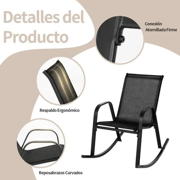 Conjunto de 2 cadeiras de baloiço para jardim Assento ergonómico em textilene Baloiço suave Carga até 150 kg 91 x 62 x 86 cm Preto