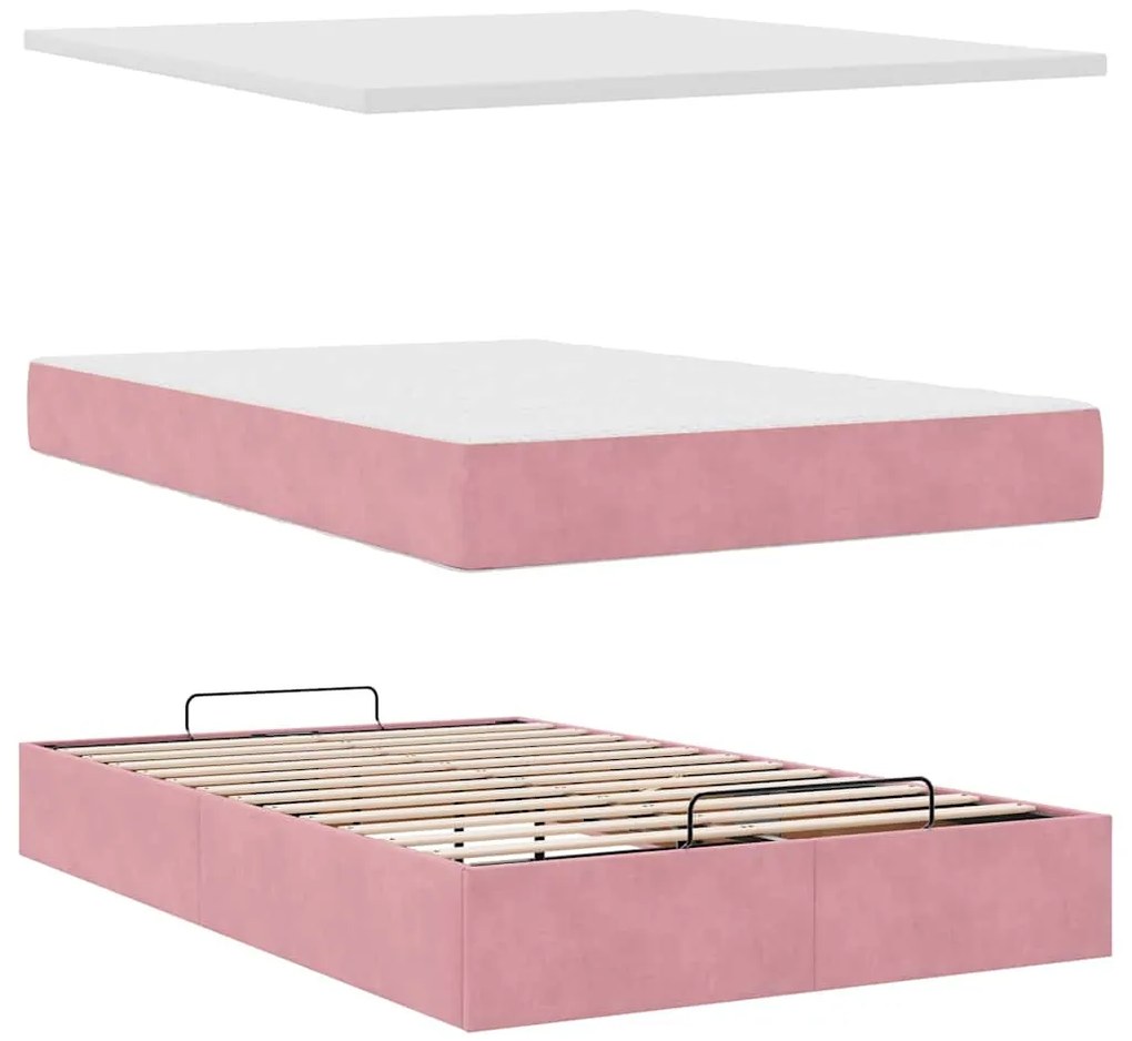 Estrutura de cama otomana com colchão 120x200 cm veludo rosa