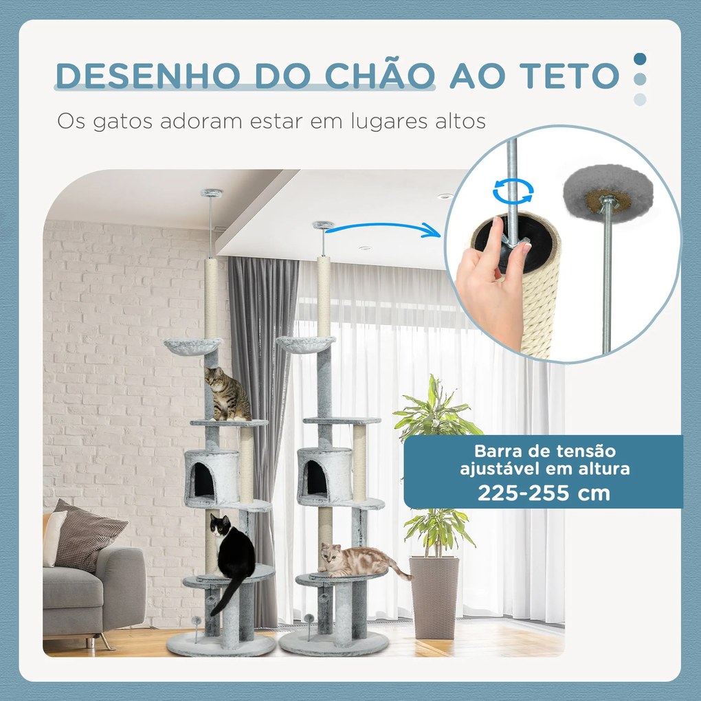 PawHut Arranhador para Gatos de 255 cm Torre para Gatos de Teto com Al