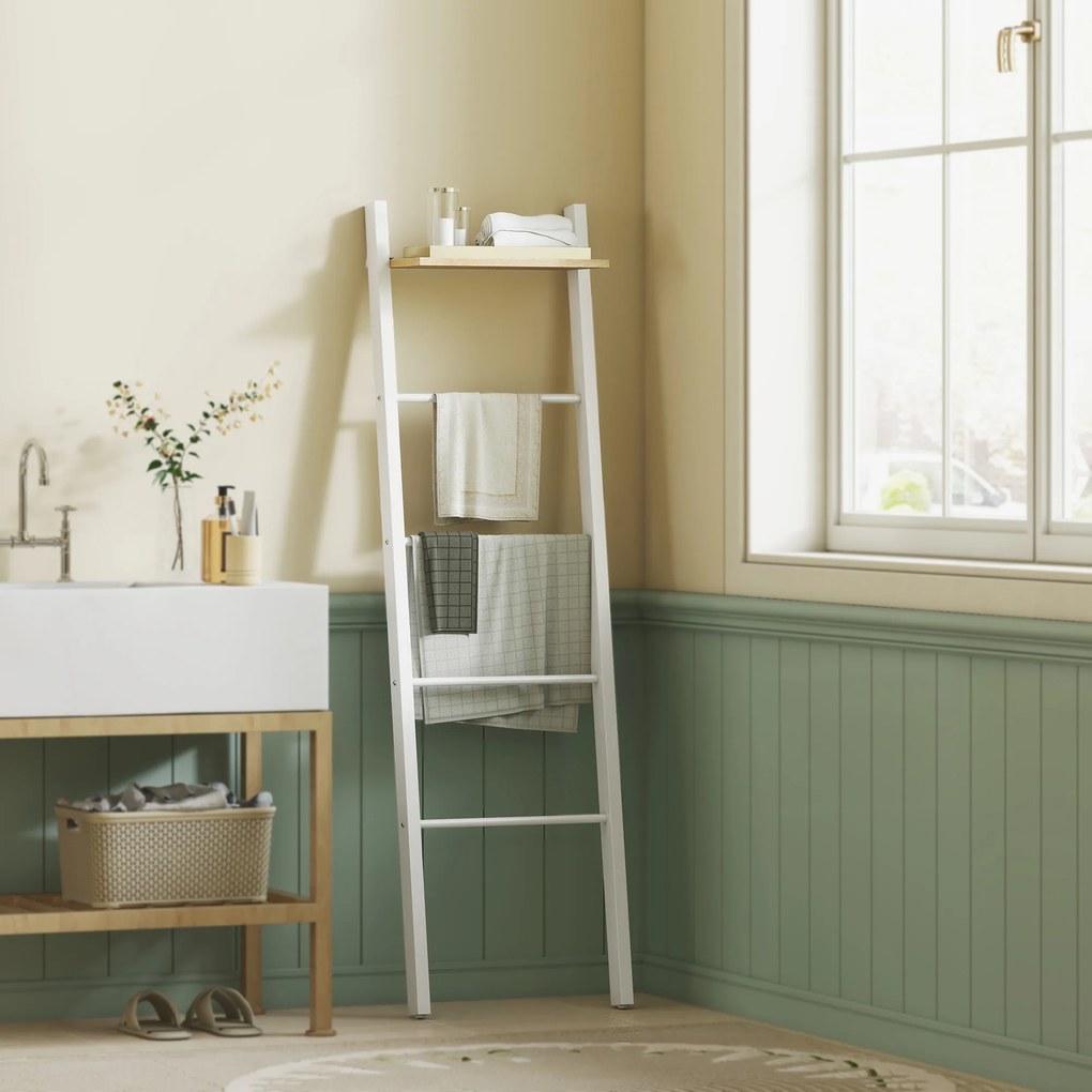 Toalheiro de Escada com Prateleira Superior e 4 Barras Suporte de Toalhas para Encostar na Parede  43x20x151 cm Branco e Carvalho