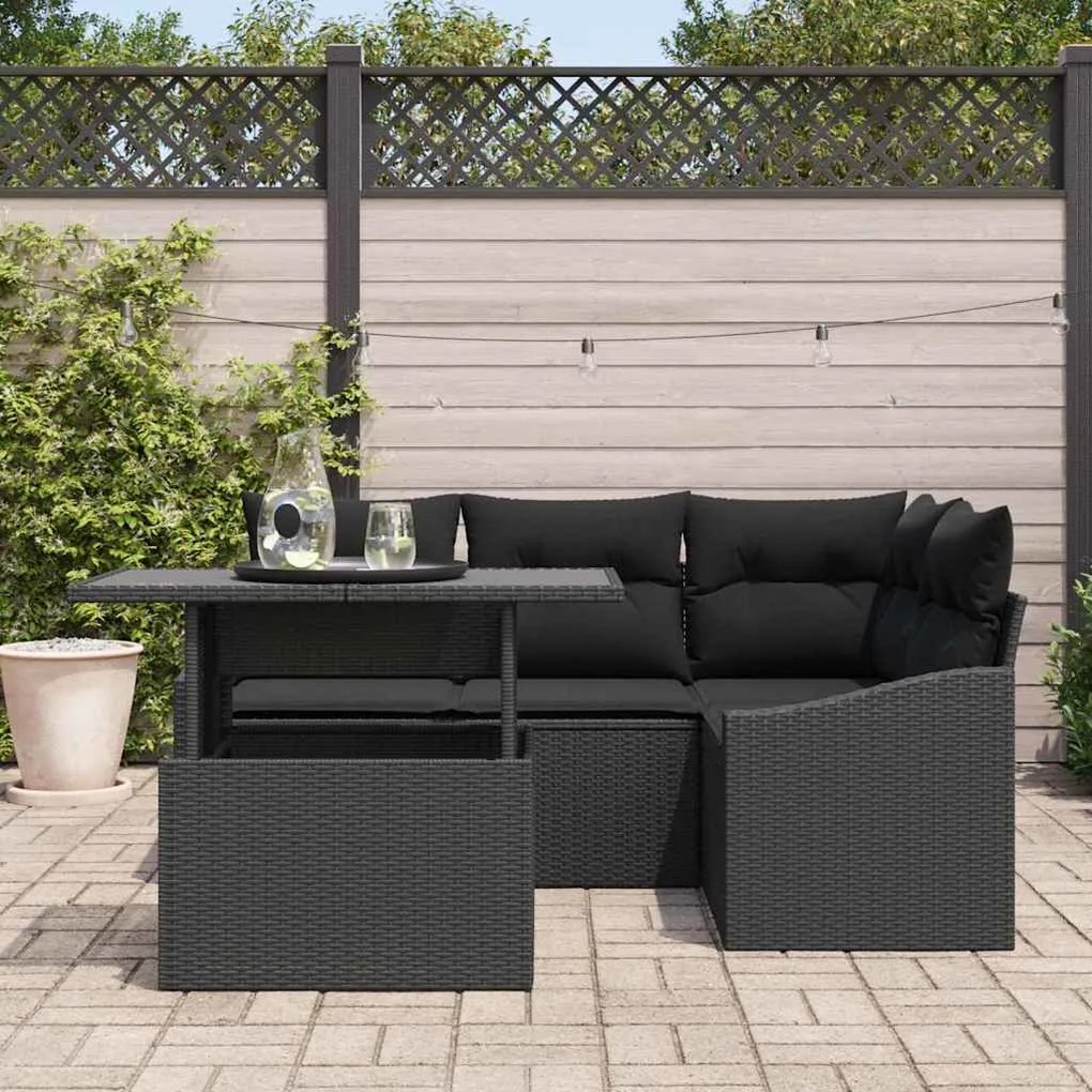 Conjunto de sofá de jardim de 5 peças com almofadas pretas em rattan s