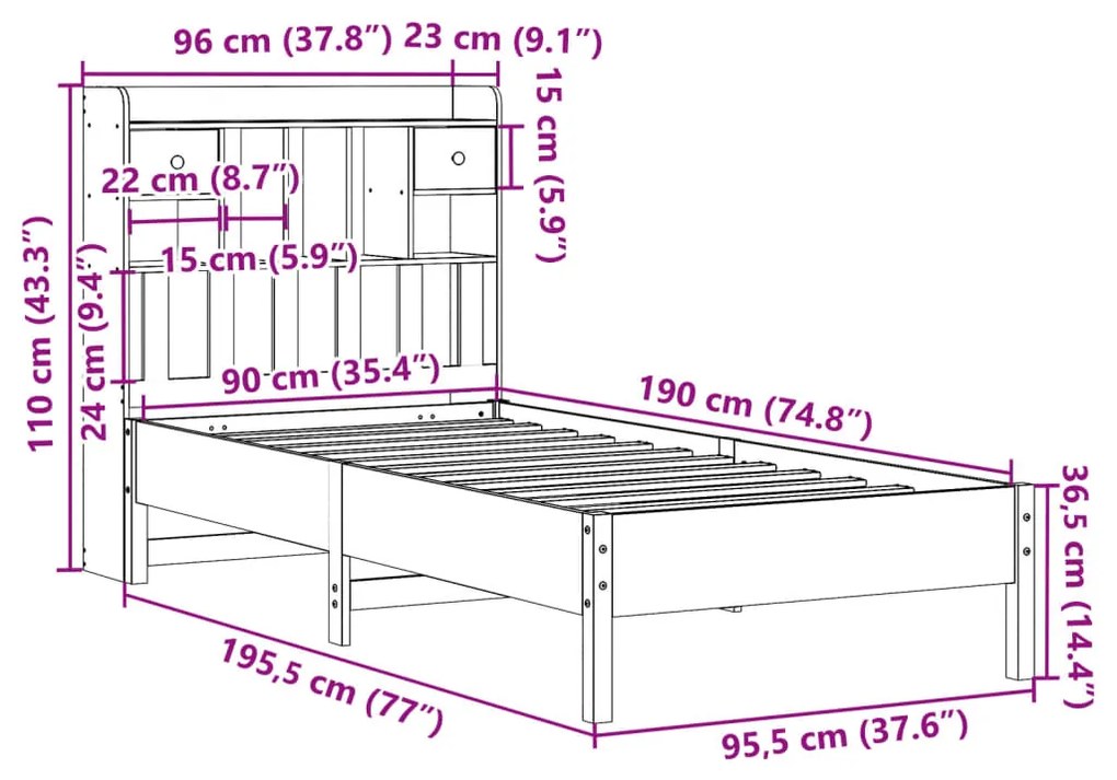 Cama com estante sem colchão 90x190cm pinho maciço castanho-mel