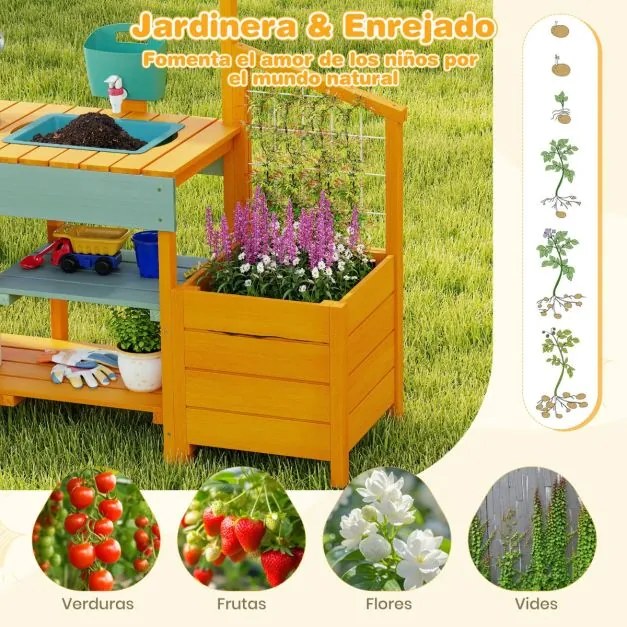 Cozinha de brincar ao ar livre para crianças de madeira 115 x 34,5 x 92 cm com jardineira Pia removível Torneira Fogões Depósito de água amarelo