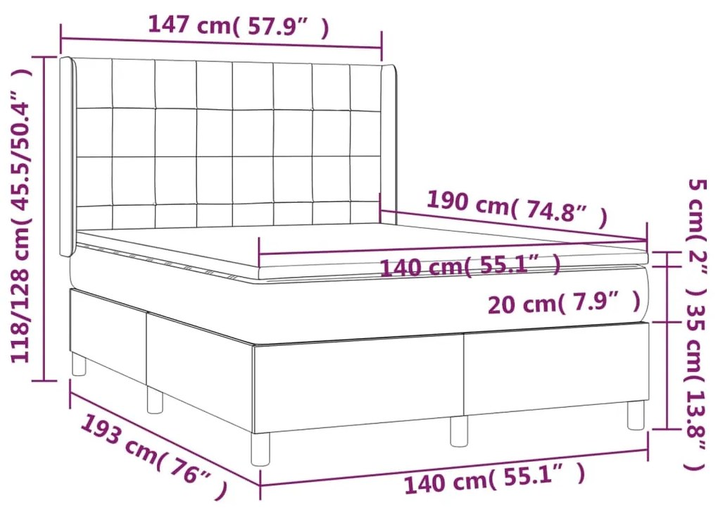 Cama box spring c/ colchão/LED 140x190 cm veludo cinzento