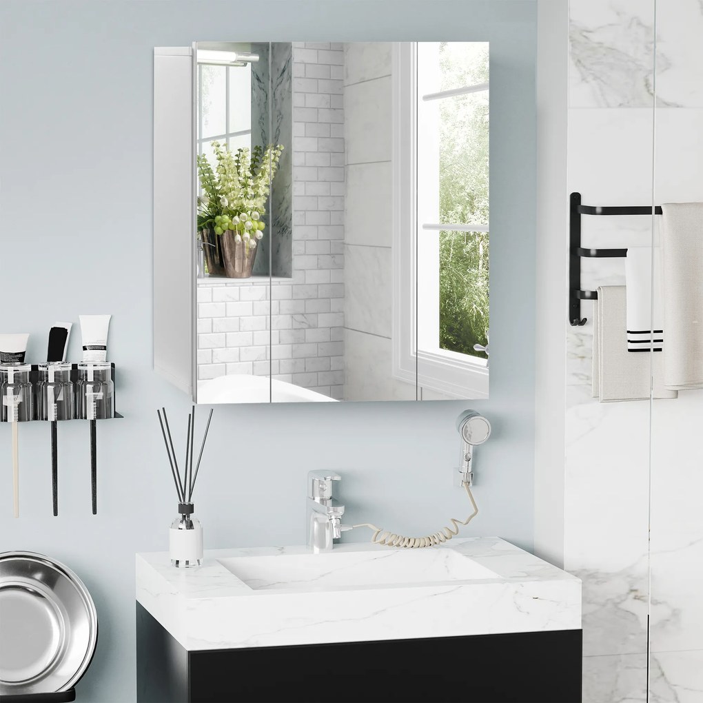 Armário de Casa de Banho com 3 Portas com Espelho Armário de Parede com Prateleiras Internas Ajustáveis 70x15x60 cm Branco