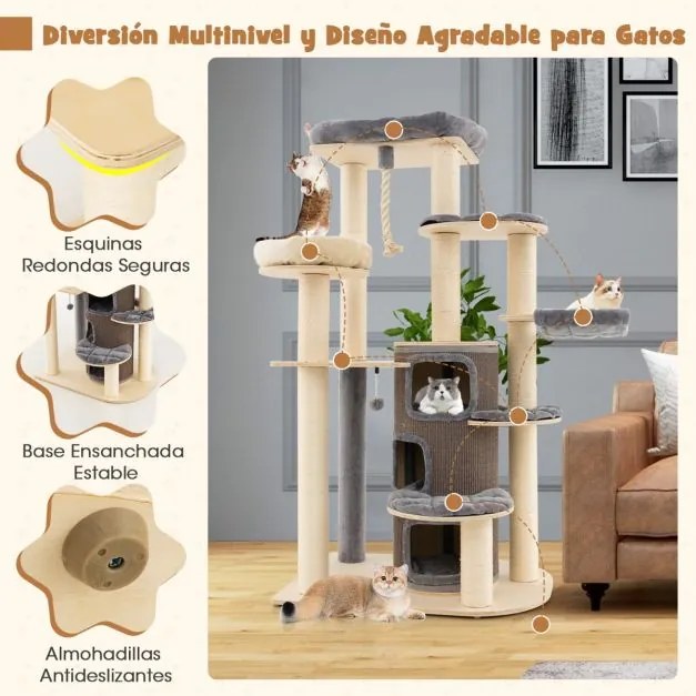 Arranhador para gatos com vários níveis e postes para arranhar Mobiliário moderno para gatos de interior 95 x 68 x 173 cm Cinzento