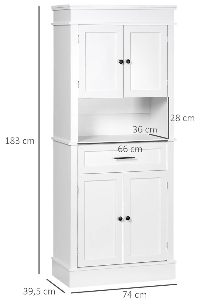 Armário de Cozinha Móvel Auxiliar de Cozinha com 4 Portas 1 Gaveta e Prateleira Aberta para Sala de Estar Sala de Jantar 74x39,5x183cm Branco