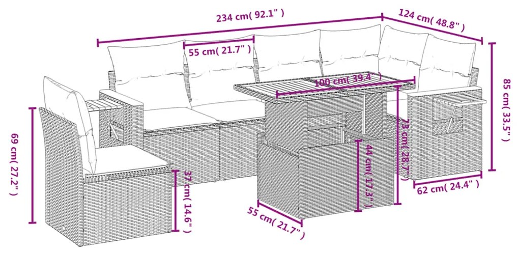 7 pcs conjunto de sofás p/ jardim com almofadões vime PE bege