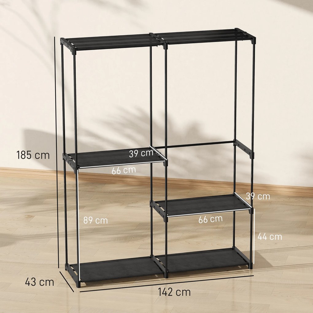 Guarda roupa aberto portátil 142 x 43 x 185 cm com 3 varões para pendurar roupa e 4 prateleiras, preto
