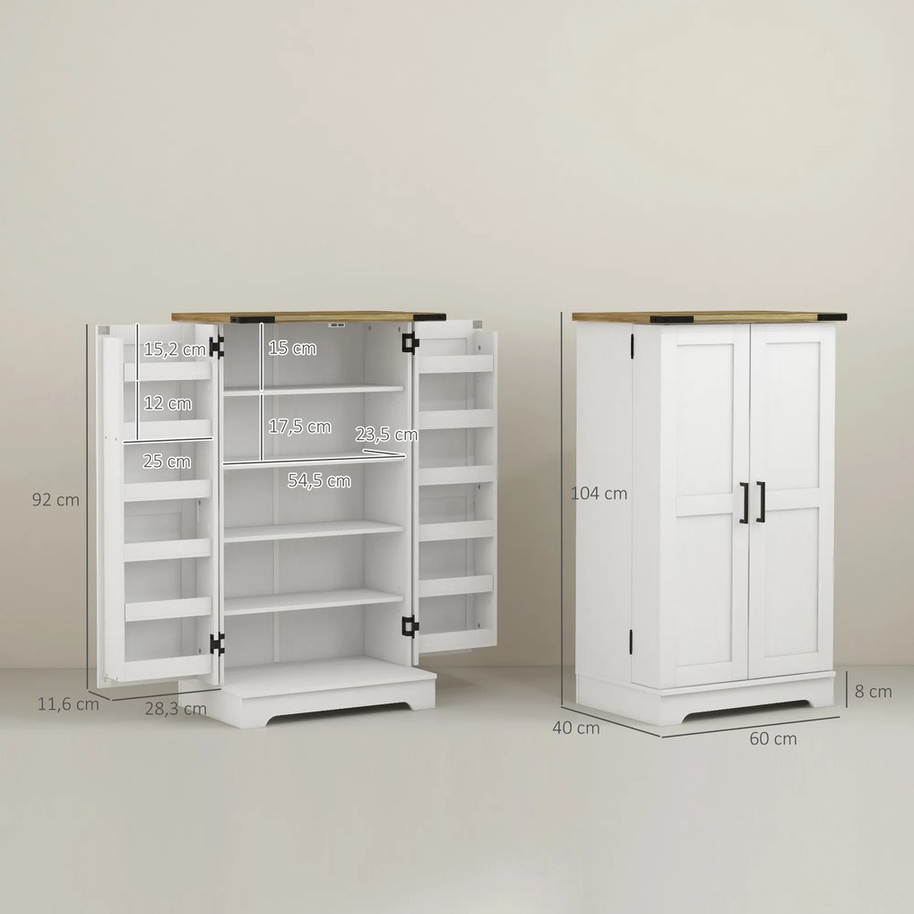 Armário de Cozinha com 2 Portas e 16 Prateleiras Despensa Rústica com Prateleiras Ajustáveis 60x40x104 cm Creme