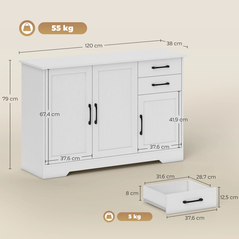 Aparador, móvel de arrumação com 3 portas 120 x 38 x 79 cm, 2 gavetas e prateleira ajustável, branco