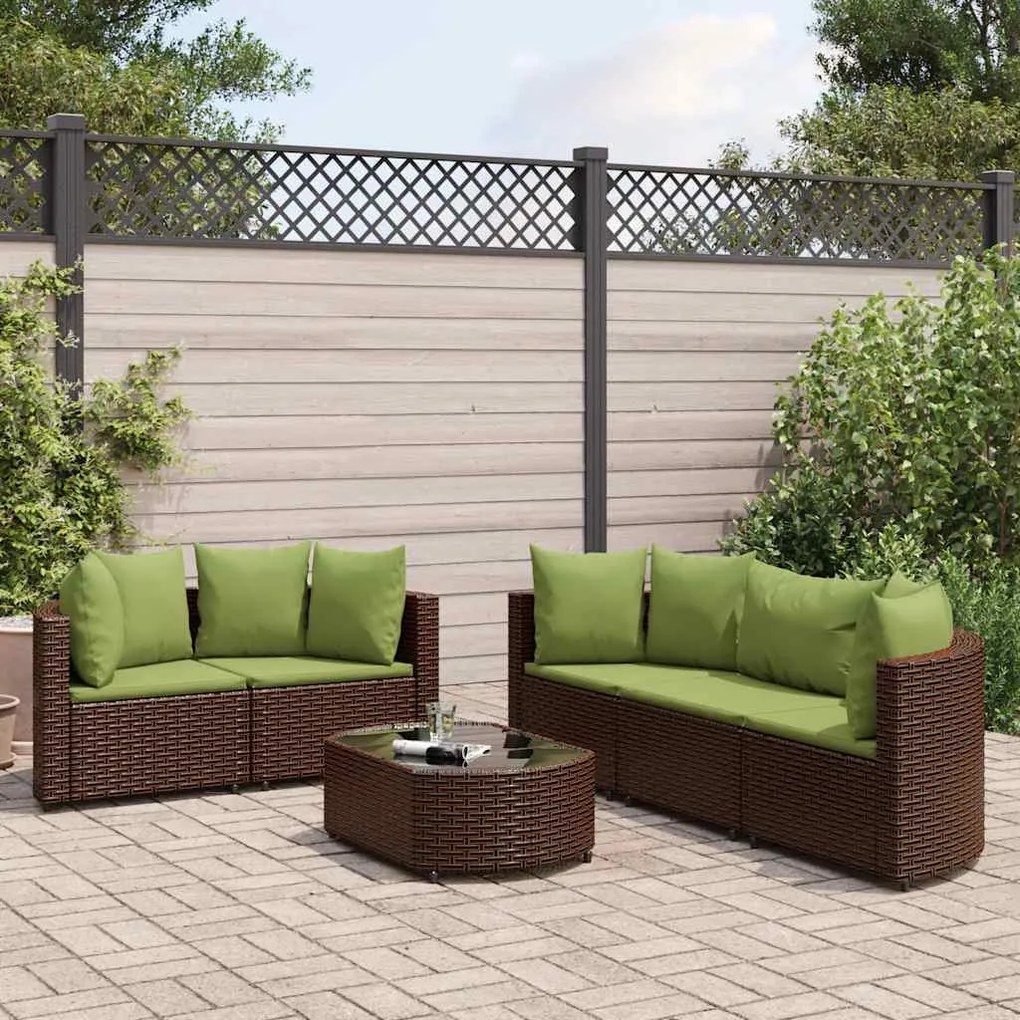 6 pcs conjunto de sofás jardim c/ almofadões vime PE castanho